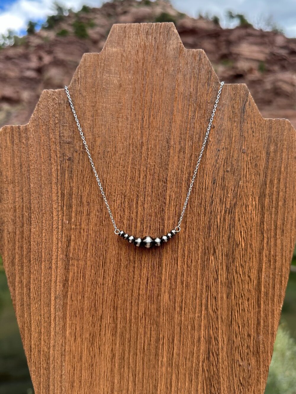 Handmade Brushed Steel Western Pearl 1.5 inch Graduated Bar Necklace 16 inch